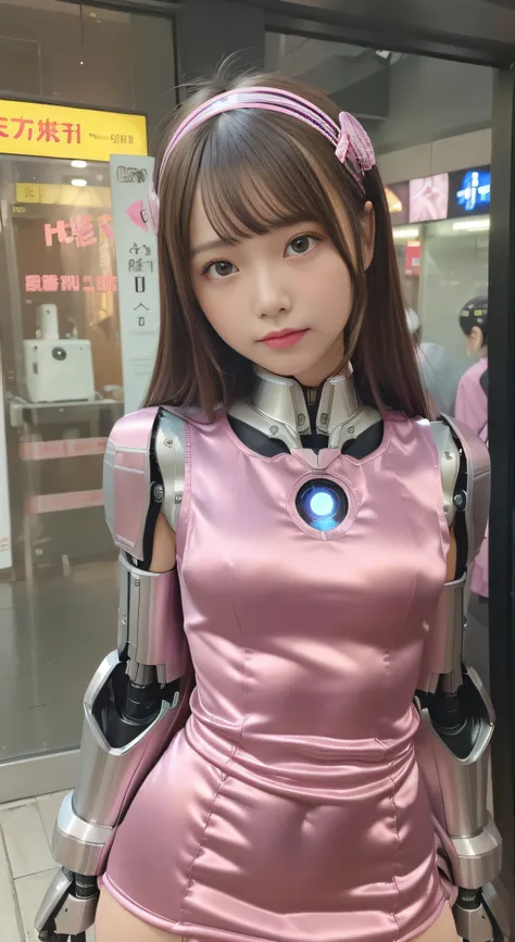 (Photorealsitic:1.4)、Onegirl、(top-quality),(hyperdetailed face)、(Super well-formed face)、((Robot Parts))、(Cyborg girl)、(Burgundy)、(Silver)、(metalic)、(fullllbody)、(Moe Pose)、(Slender body)、(tits out)、(Model body type)、(mecha exposure)、(akihabara)、(is lookin...