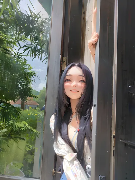 there is a young girl smiling standing outside of a window with her hand on the door, with long hair, xintong chen, asian girl with long hair, wenfei ye, ruan cute vtuber, nivanh chanthara, 8k selfie photograph, headshot profile picture, mai anh tran, with...