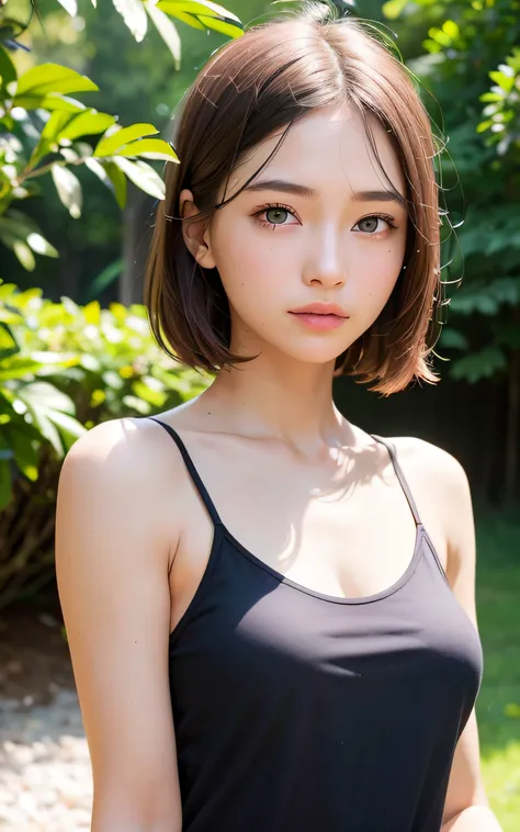 (8k, RAW photo, best quality, masterpiece:1.2), (realistic, photo-realistic:1.37),1girl,16 years old,beautiful,lovely,cute,Telephoto lens, background is blurred, medium chest, tank top, park, smile, professional lighting, photon mapping, Physically-based r...