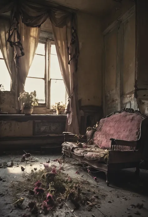 Sunlight, gloomy room, withered flowers, shabby sofa