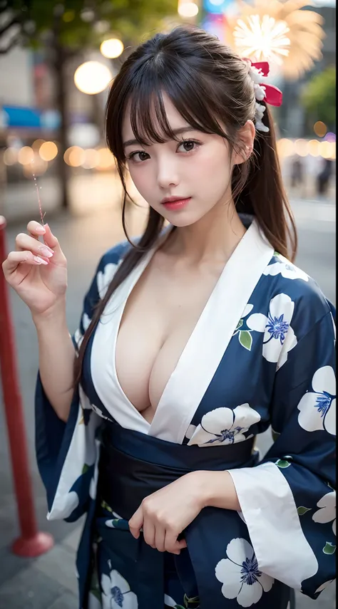 (8K、Raw photography、top-quality、​masterpiece:1.45)、(realisitic、Photorealsitic:1.35)、(((Fireworks Venue、natta)))、one girls、cute little、Seductive smile:1.2、(((Kimono,Yukata)))、profetional lighting、Rich details、(Fine facial features)、二重まぶた、Colossal tits、Valle...