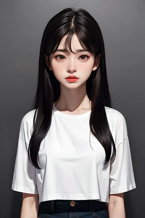 tmasterpiece，best qualtiy，（Dark photograph：1.3），realisticlying，1girl，flat bangs，stunning innocent symmetry face，The shirt，Emotional，ulzzang，（PureErosFace_V1：0.7）， solid color backdrop