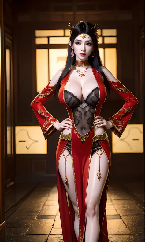 1 very beautiful queen medusha in hanfu dress, thin red silk shirt with many yellow motifs, black lace top, long hair dyed black, beautiful hair jewelry, pretty face pretty and cute, perfect face, earring jewelry, head and hair jewelry, antique jewelry, bi...