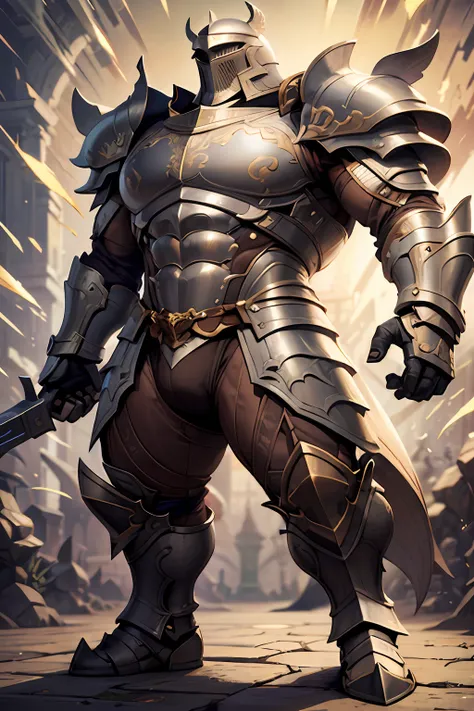 Game character standing drawing design，Disney animation，style of disney animation，an heavyknight，Quaint and heavy armor，Fur shoulders，Stout limbs，Muscle explosions，Equipped with huge riding guns，Different layers overlay，Different angles，（Left view full bod...