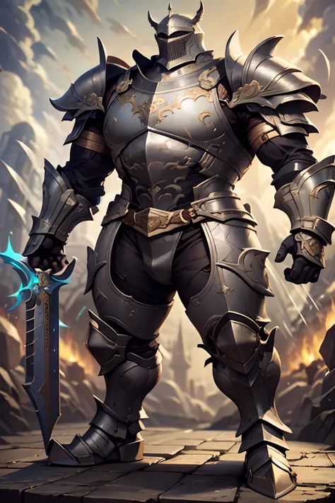 Game character standing drawing design，Disney animation，style of disney animation，an heavyknight，Quaint and heavy armor，Fur shoulders，Stout limbs，Muscle explosions，Equipped with huge riding guns，Different layers overlay，Different angles，（Left view full bod...