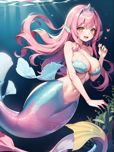 1girl,solo,(mermaid:::1.2), mermaid tail,scales,pink hairs,long hairs, yellow eyes,large breasts,shell,smile,open mouth, underrwater,tiara,