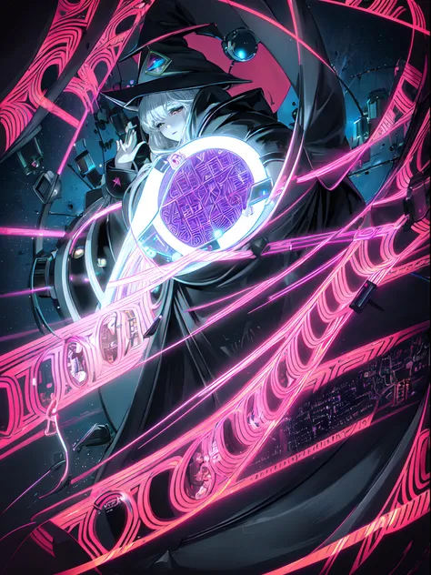 The electronic witch looks into the world. All the information that constantly flows through her. (Wearing Witch Hat and robe with electronic circuit pattern:1.5), hyper real, rich colored, black based detailed delicate cell anime work, Glossy highlights t...