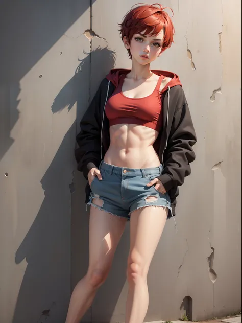 (Masterpiece), Best quality, A high resolution, Ultra-detailed, 1girll, Tomboyish, Very short hair, Pixie cut, Red hair, crossed bangs, Red eyes, Flat chest, Tall, Muscular female, street, wall, scribbles, wall paintings, Red hoodie, Open clothes, Open hoo...