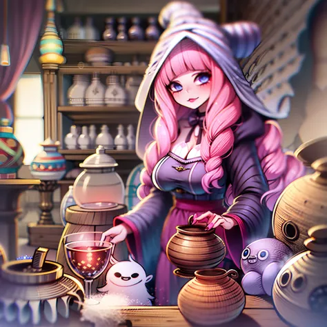 （Witch with pink curly twin tails, Pointed hat and hood, About 22 years old, She makes potions in pots with alchemy, （Cute ghosts around, Lots of stuffed animals in the background）, Fancy cute adults. Alone）, raw, Superb Boobs, Cute, Big eyes, very fine ey...