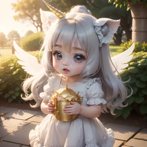 Cute Baby Chibi Anime,unicorn,Gray ruffled clothes,Royal Botanic Gardens,suns,Glittering gold dust flutters