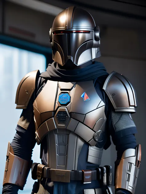 The Mandalorian，Oriental style armor，Stand in front of the window of the spaceship，80mm，Background bokeh，Mass effect, deactivated, fking_cinema_v2