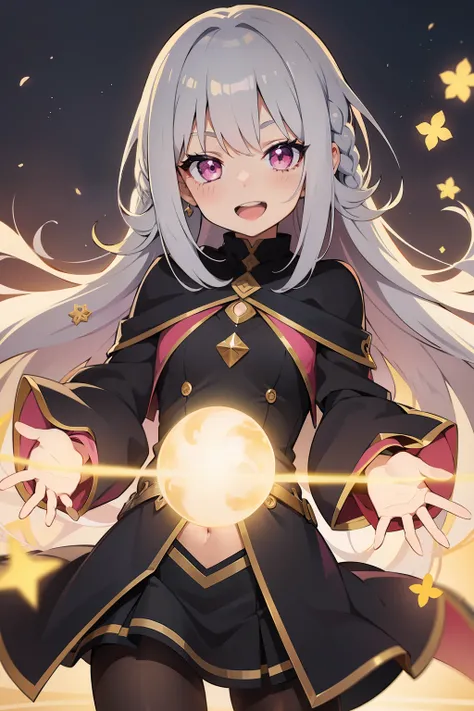 anime girl, mage, silver hair, pink eyes, overly excited, shiny magic spells, wink