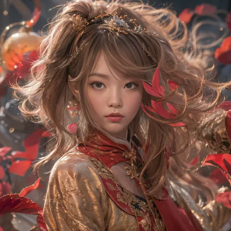 32K（tmasterpiece，k hd，hyper HD，32K）Flowing ball hairs，Flowing rouge，ponds，zydink， a color，  Asian people （Silly girl）， （Silk scarf）， Combat posture， looking at the ground， Flowing ball hairs， Flowing rouge curls， Crocodile leather tiara， Chinese long-sleev...