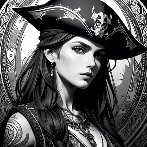 Centred potrait of a female Pirate, black and white, zentangle (best quality) ultra-detailed, fine line drawing, fine line art, coloring book illustration style, intricate linework, highly detailed illustration, perfect composition, beautiful and stunning,...