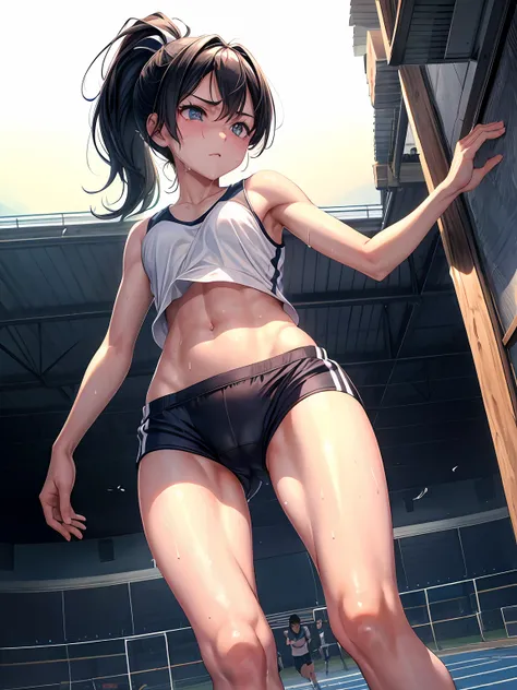 lighting like a movie、top-quality、running on the athletic field、Girl in athletics panties、small tits、Slender Line、Wearing sweat、full of sweat、Eyes from below、Black Hair Ponytail、Full body、Athletics Bloomer、Athletics panties、track and field shorts、Semen dri...