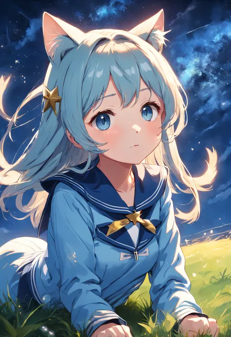 starry night sky，Cat-eared girl in light blue sailor suit lying on grass，There are several shooting stars in the sky，high qulity，Rigorous drawing