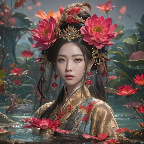 32K（tmasterpiece，k hd，hyper HD，32K）Flowing ball hairs，Flowing rouge，ponds，zydink， a color， Asian people （Silly girl）， （Silk scarf）， Combat posture， looking at the ground， Flowing ball hairs， Flowing rouge curls， Crocodile leather tiara， Chinese long-sleeve...