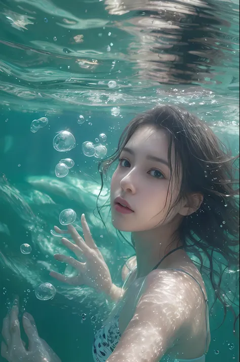 Clear Focus、high-definition picture、realphoto、natural soft light、One Girl、Best Beautiful Girl、Refreshing look、Elaborate face、eyes large、二重まぶた、Pleasant look、Mare、waterface、vague、white clouds、Sunset、blue open sky、Micro Bikini Swimsuit、Tanger、water bubbles、Fi...