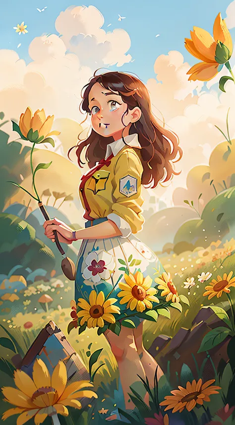 There is a painting，The painting shows a woman in a flower field, Beautiful digital illustration, A beautiful artwork illustration, Artgerm and Atey Ghailan, beautiful digital painting, Beautiful digital artwork, lovely digital painting, rob rey, Beautiful...