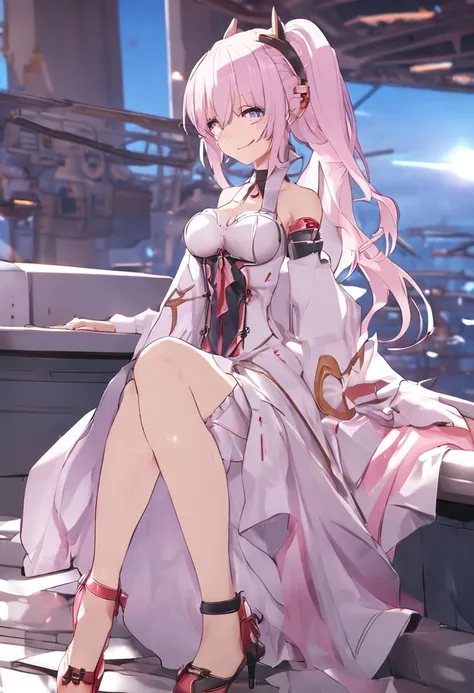 Anime girl in pink dress，White hair and blue dress, azur lane style, A scene from the《azur lane》videogame, pc game with ui, in-game, in - game, Kantai collection style, girls frontline style, girls frontline universe, kantai collection arcade, ethereal and...