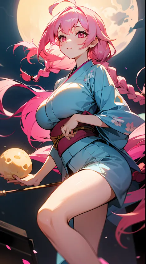 1 girl, game CG, floral blue kimono, gigantic breasts, pink hair, long hair, braids, princess hairstyle, ahoge, pink eyes, full moon, dumplings,