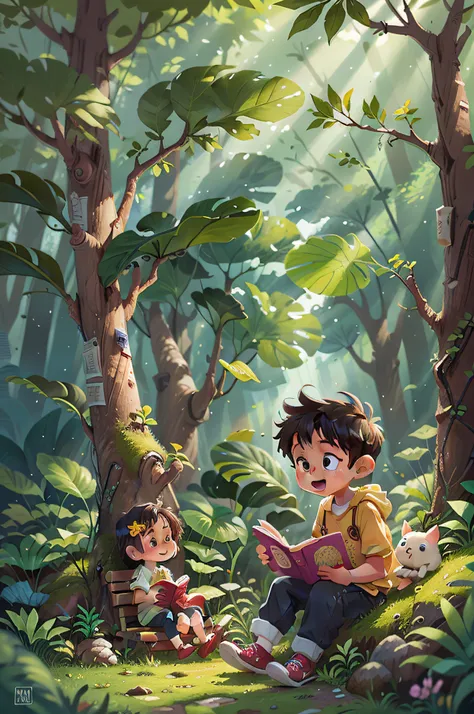 A little boy reading a book in the deep forest，A little girl observes the germination of a seed，Both were happy