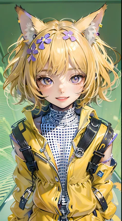 UHD, masterpiece, anatomically correct, textured skin, super detail, yellow hair, cuspid, neuter gender, slit pupils, Purple eyes, cat hands and feet, on all fours, yellow clothing, indoors, bob cut, cat ears, covering ears, grin, anime style, depth of fie...