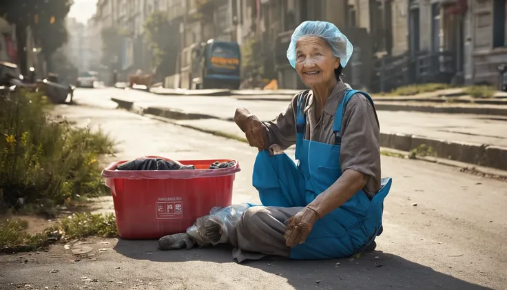 A sanitation worker and the Mona Lisas form are combined，Middle-aged woman，Wear sanitation overalls，Kind smile，Pose for the Mona Lisa，Sitting on the street，There are a lot of wrinkles on the face as well as signs of aging