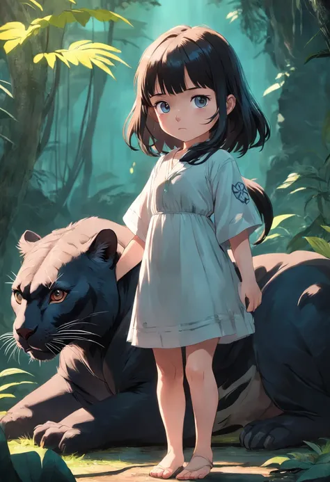 5-year-old baby girl holding a large panther ，in jungle，depth of fields，high light，Real light，Ray traching，OC renderer，UE5 renderer，Hyper-realistic，best qualtiy，8K，Works of masters，super-fine，Detailed pubic hair，Correct anatomy