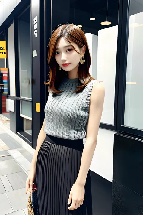 Announcer style
Brown hair
long
skirt
city
knit
sleeveless