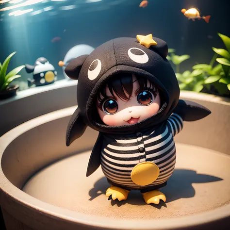 Checkerboard work　Chibi 3D wearing penguin costume　Chibi is cute and cute,Chibi 3D Inside a Giant Aquarium