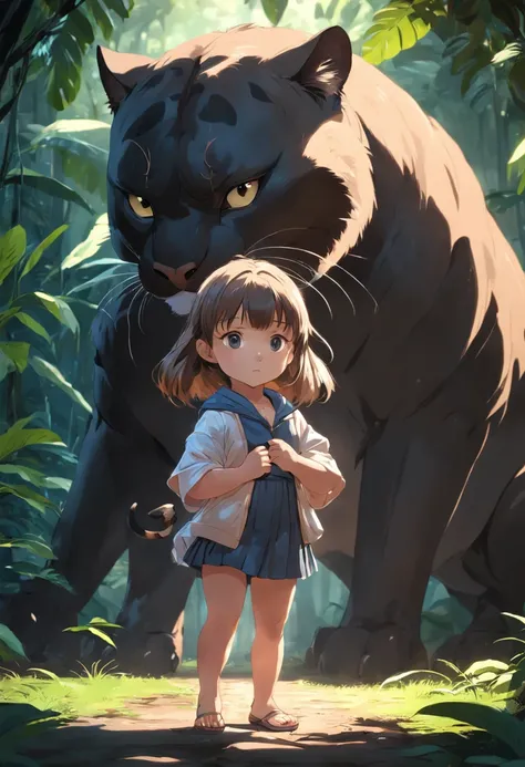 5-year-old baby girl holding a large panther ，in jungle，depth of fields，high light，Real light，Ray traching，OC renderer，UE5 renderer，Hyper-realistic，best qualtiy，8K，Works of masters，super-fine，Detailed pubic hair，Correct anatomy