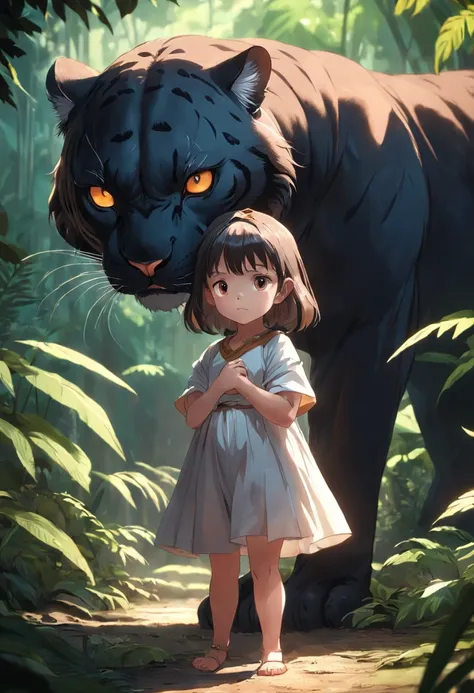 5-year-old baby girl holding a large panther ，in jungle，depth of fields，high light，Real light，Ray traching，OC renderer，UE5 renderer，Hyper-realistic，best qualtiy，8K，Works of masters，super-fine，Detailed pubic hair，Correct anatomy