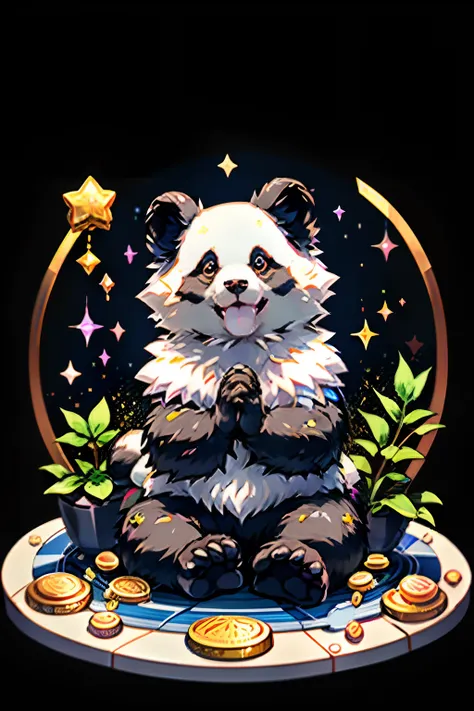 Niji is proud， 独奏， ssmile， No tongue，The seated panda raises a paw next to its face， inner strength， ssmile， As estrelas （sigature）， Gold ingots and coins， No Man， glittery， head looking up， Black and white panda， Animal focus， sparkle eyes， fluffly