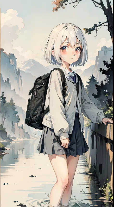 Watercolor illustration, Perfect anatomy, Masterpiece, Best quality, 1girll, Loli,elementary student， Solo, (with short white hair:1.2), Elementary school uniform, bookbag，Nature, during night,  stands aside the river, landscape