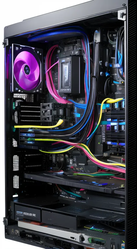 PC motherboard in a computer case、With colorful wiring、