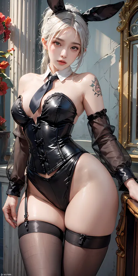 photorealistic, high resolution, soft light,1women, solo, hips up, shining skin, (detailed face), strapless leotard, pantyhose, rabbit ears, folded ponytail, white hair, necktie, wrist cuffs (wearing a satin corset and thigh highs), jewelry, tattoo