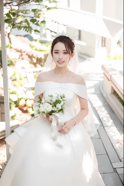 bride in white wedding dress walking down the street with bouquet, 🤬 🤮 💕 🎀, wearing a wedding dress, dilraba dilmurat, jia, wedd...