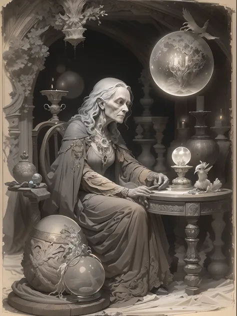 An old witch sits in a Kadilau chair in the background，She was holding a Soniste crow, On the table in front of her was a crystal clear crystal ball。。, There is a mysterious illusory world in the crystal ball，A few candles were lit next to it，Look sideways...