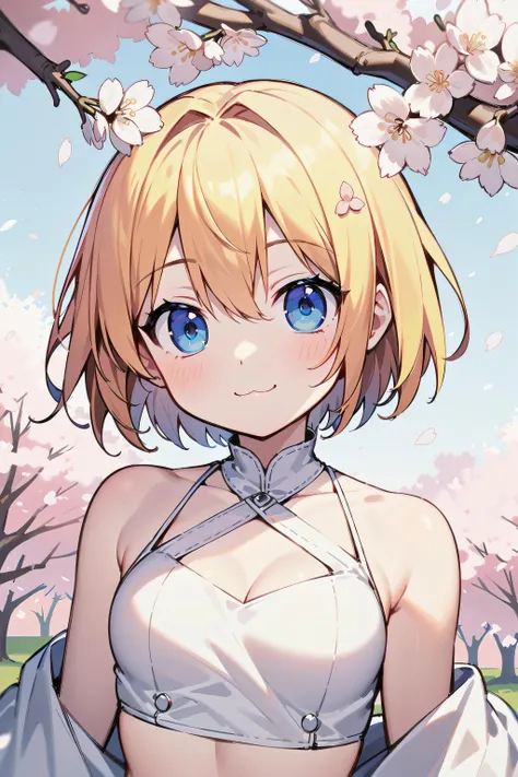 masterpiece, best quality, short hair, [orange hair | blonde hair], blue eyes, [smile | :3], (close-up:0.8), [white dress | crop top], cherry blossoms,