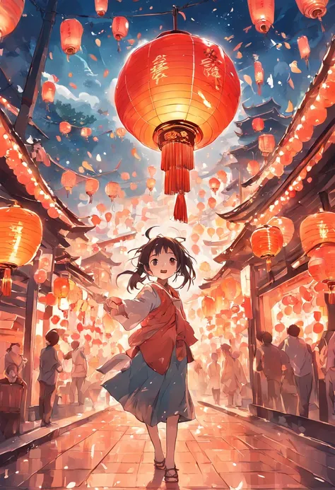 Brightly lit city, colorful lanterns, like a dream. Streets filled with sweet yuanxiao aroma, people wearing festive new clothes, bustling streets, stalls filled with all kinds of lanterns, exquisite dragon, phoenix, peacock and other animal shape lanterns...