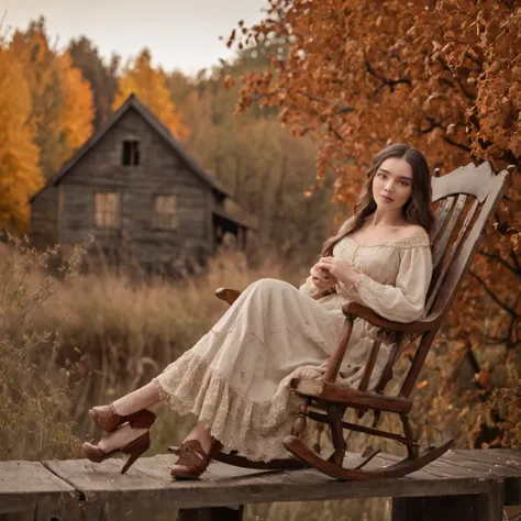 Illustrate a scene featuring a young and enchanting girl seated in a rocking chair on a terrace. The setting is a weathered wooden house adorned with clusters of dried grass, nestled on the tranquil banks of a river. Tall birch trees, vibrant pumpkins, and...