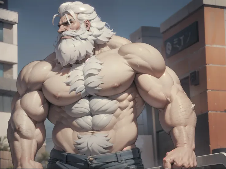 bearded shirtless topless old muscular man, strong chest on a street, strong arms, large muscles, white hair, white beard, muscular, thick abs, pectorals, thick stomach, navel, large pectorals, thick wrists, big body, heavy muscular, tall body, casual brow...