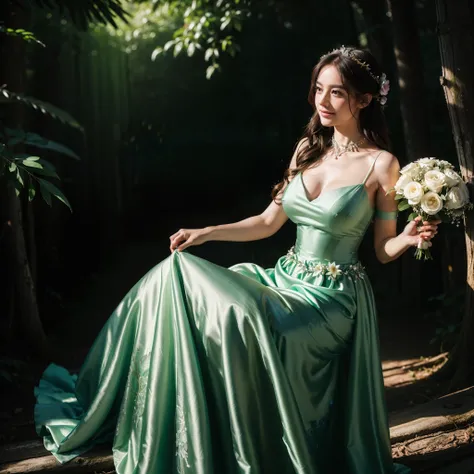 British girl dressed in Green Quinceanera Embroidered Prom Ball V-Neck Floral Gown Elegant Formal Party Fairy Princess Dress, 
Fair skin, bridal hairs, eyes shy looking down, carrying bridal bouquet in hand, bridal stockings carrying floral embroidery in f...