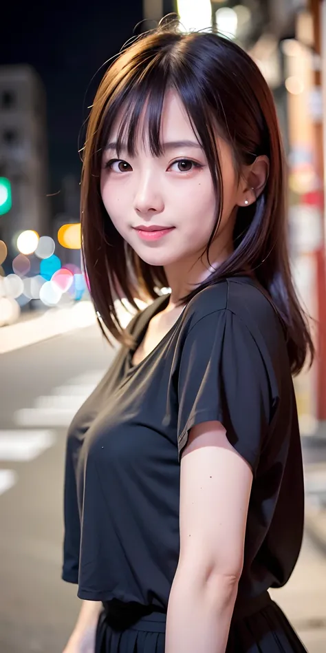 1 girl, Tokyo street, night, cityscape, city lights, upper body, close-up, blouse, smile, (8k, RAW photo, top quality, masterpiece: 1.2), (real, photoreal: 1.37),