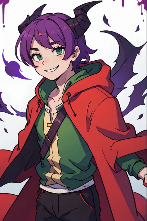 top-quality、((Deformed))、Boy with purple shorthair hair、Green eyes、demonic horns、A smile、red cloak、Composition that reflects the whole body