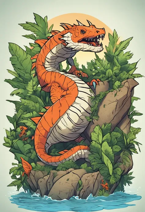 Illustration Naruto, In the jungle with leaves and water, Highly detailed illustration, beautiful detailed illustration, full-colour illustration, Realistic illustration, wildlife illustration, highly detailed vector art, Detailed 2D illustration, Lizard a...