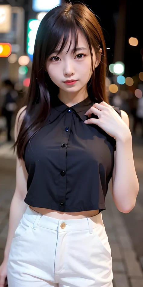 1 girl, Tokyo street, night, cityscape, city lights, upper body, close-up, blouse, smile, (8k, RAW photo, top quality, masterpiece: 1.2), (real, photoreal: 1.37),