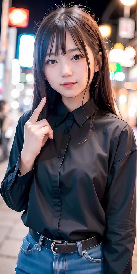 1 girl, Tokyo street, night, cityscape, city lights, upper body, close-up, blouse, smile, (8k, RAW photo, top quality, masterpiece: 1.2), (real, photoreal: 1.37),