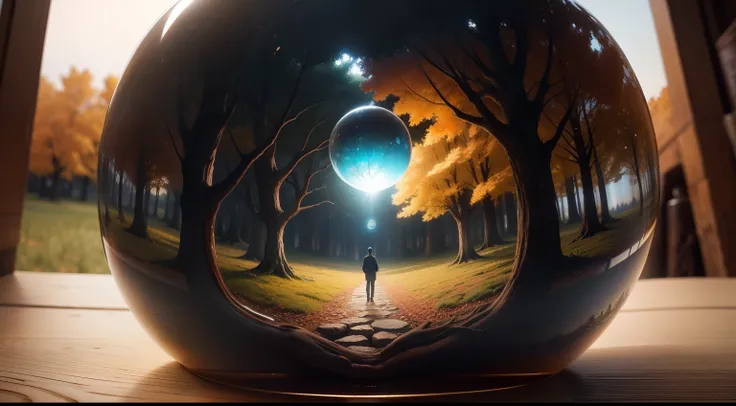 Autumn atmosphere with a fall, Close-up of a glass ball with a tree in it, The Tree of Life in the Ball, sustainability, Natural environment, Environmentally friendly, Sustainable materials, Large-scale environments, Environmental Art, environment, Clean e...